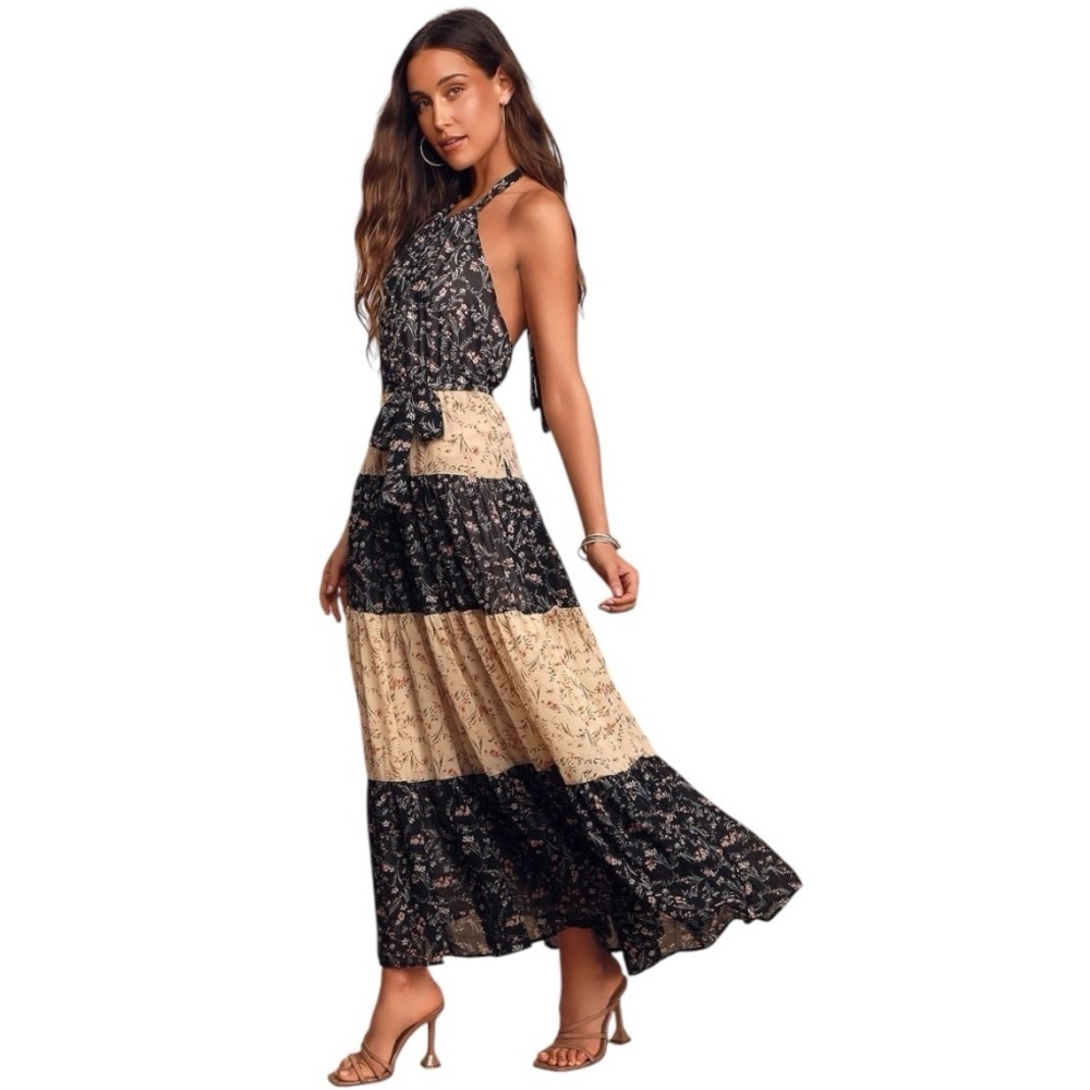 LULUS Mixed Message Black and Beige Floral Print
Halter Maxi Dress Size M Party